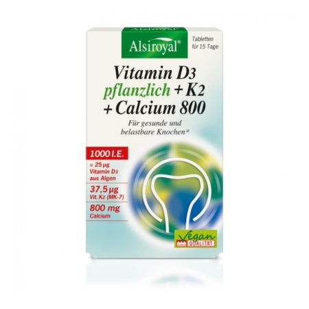 Alsiroyal Vitamin D3 pflanzlich + K2 plus Calcium 800 (30 Tabletten)